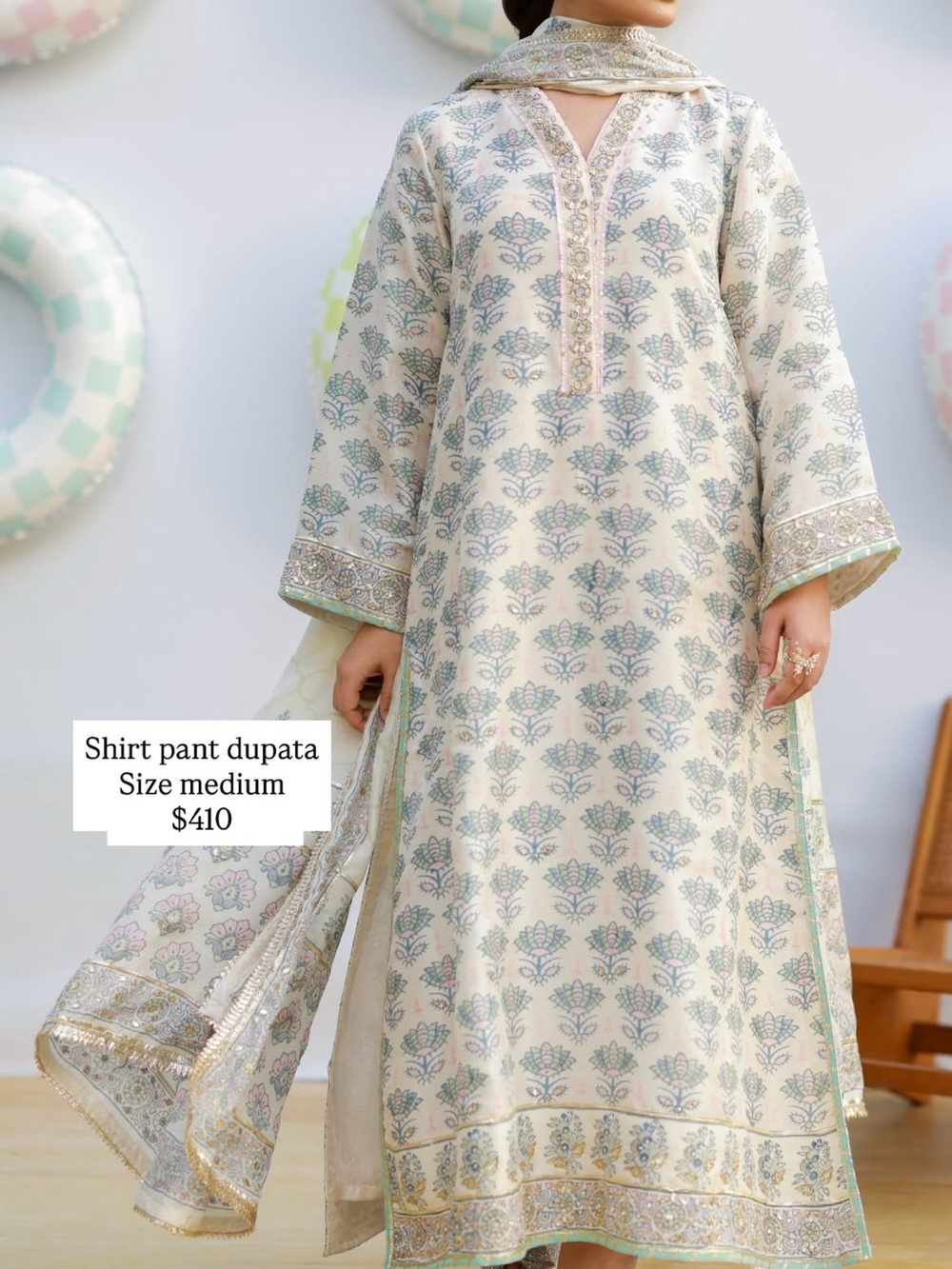 Women's Cream Floral Embroidered Shirt, Pant & Dupatta Set